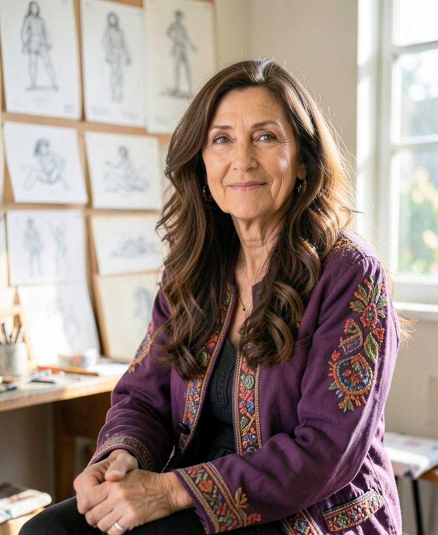 Lia Arden, the psychic artist behind Soulmate Story Sketch, seated in her studio surrounded by pencil drawings